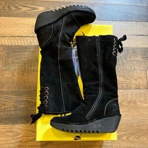 FLY London Women’s Yust Boot, Black Leather Suede, Size 9-9.5